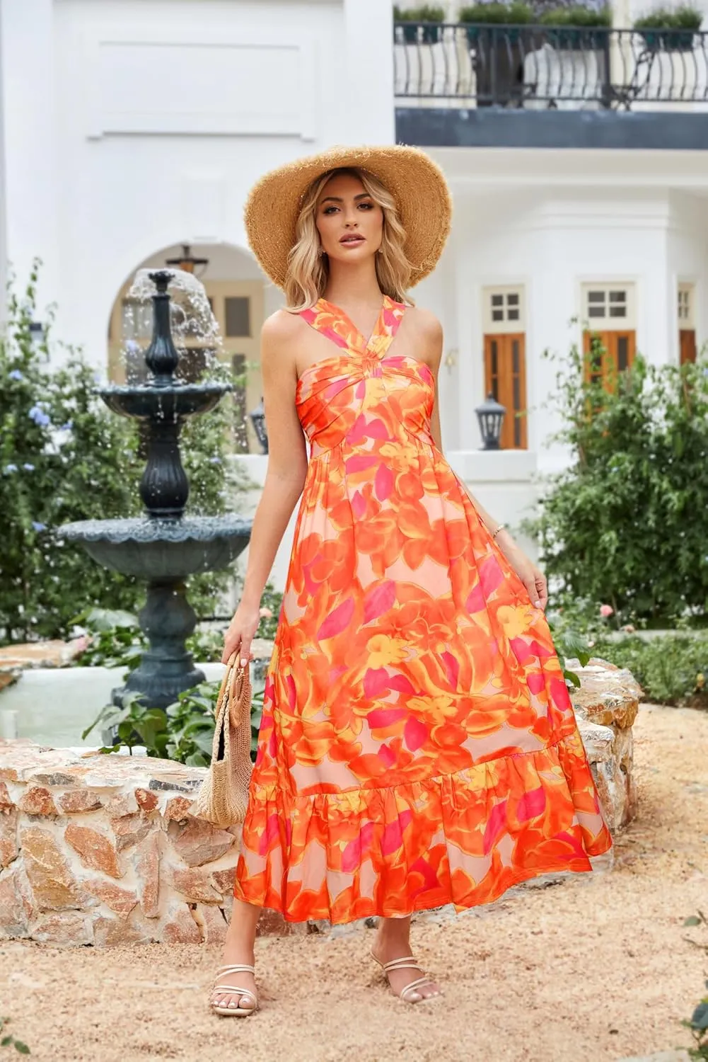 GRACE KARIN 2025 Women's Criss Cross Halterneck Sleeveless Summer Floral Print Flowy A Line Maxi Dress