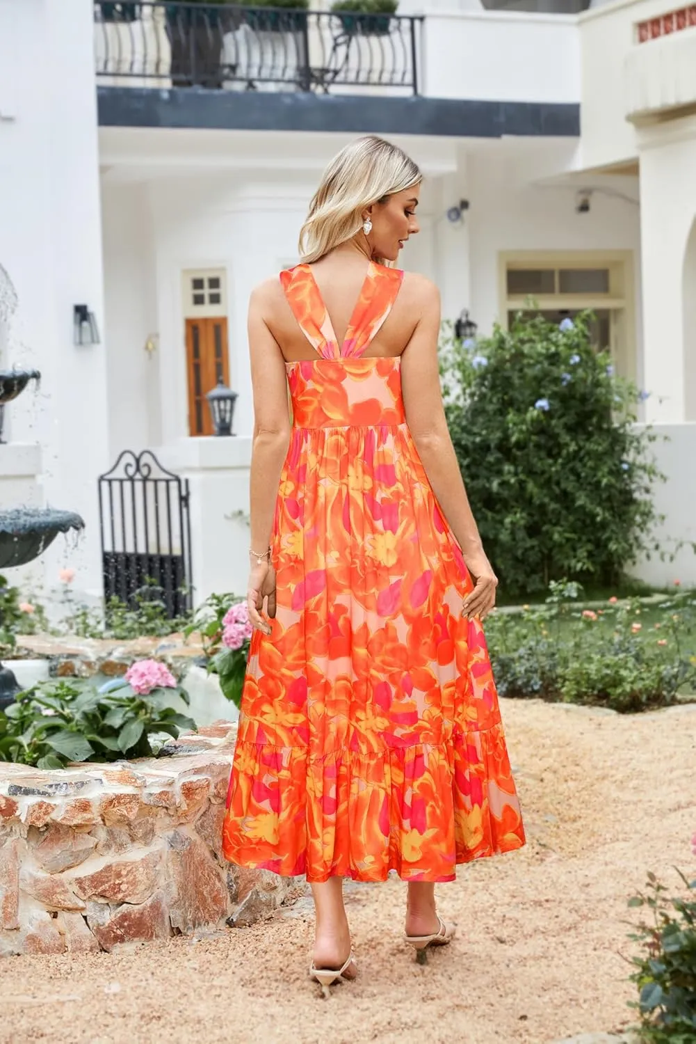 GRACE KARIN 2025 Women's Criss Cross Halterneck Sleeveless Summer Floral Print Flowy A Line Maxi Dress