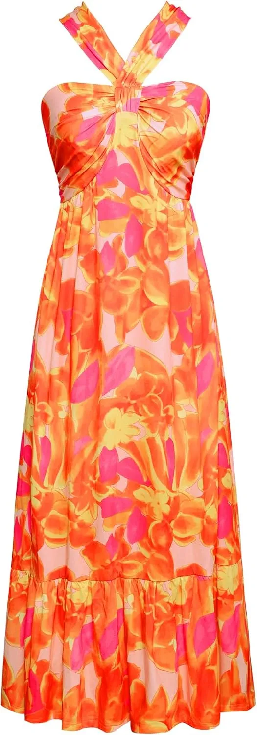 GRACE KARIN 2025 Women's Criss Cross Halterneck Sleeveless Summer Floral Print Flowy A Line Maxi Dress