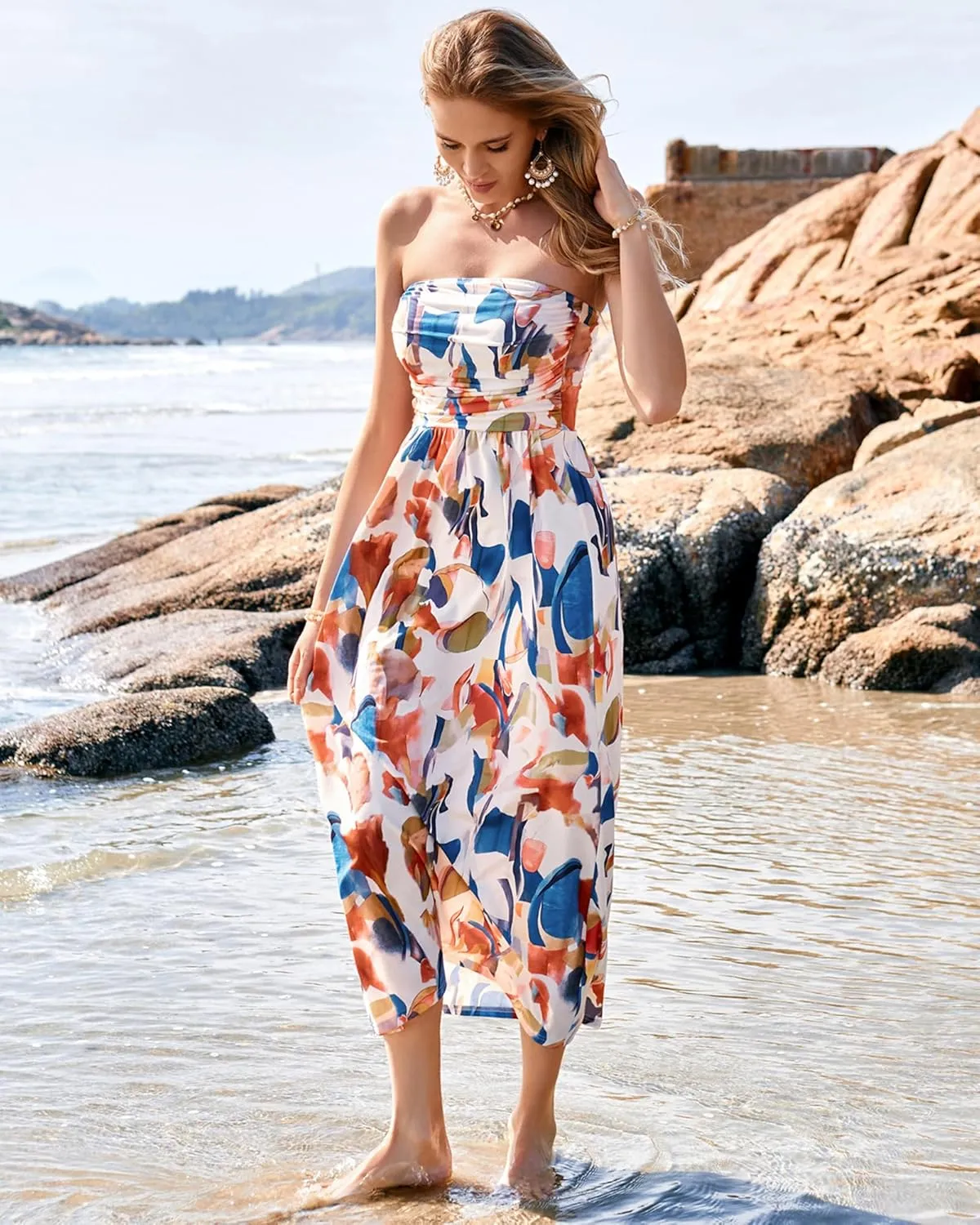 GRACE KARIN Women Strapless Casual Loose Ruched Long Maxi Dress with Pockets