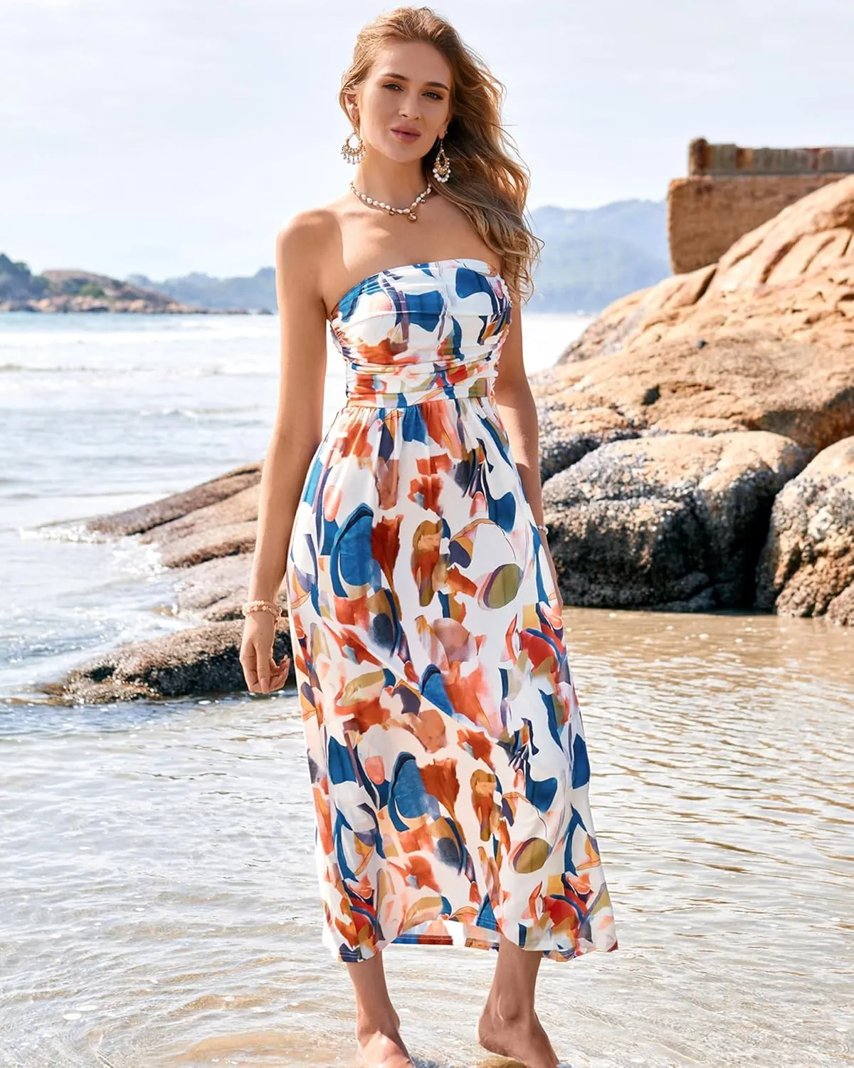 GRACE KARIN Women Strapless Casual Loose Ruched Long Maxi Dress with Pockets
