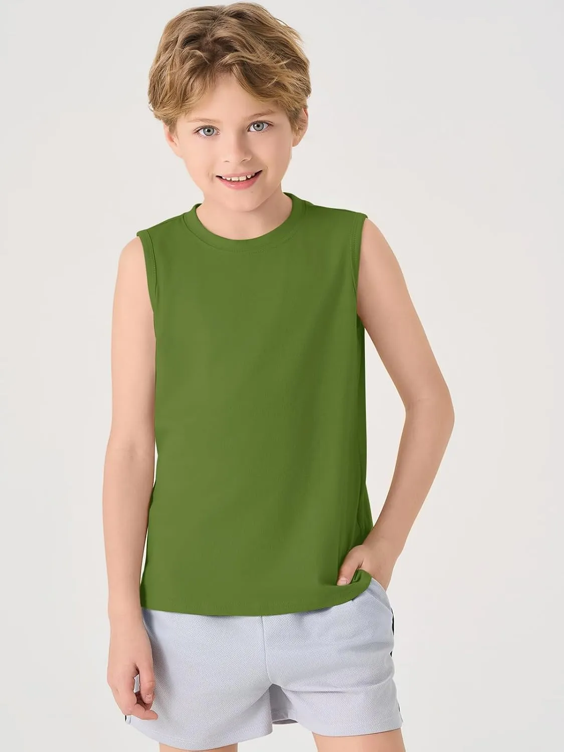 Haloumoning Boys Tank Tops Casual Sleeveless Crewneck Athletic Workout Tees Basic Solid Undershirts 5-14 Years
