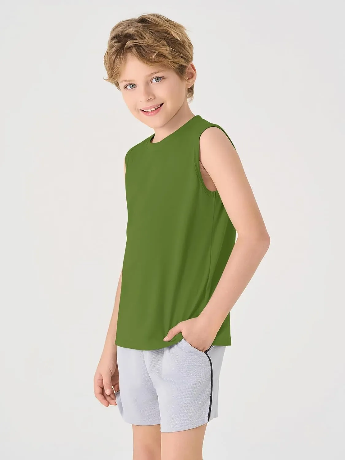 Haloumoning Boys Tank Tops Casual Sleeveless Crewneck Athletic Workout Tees Basic Solid Undershirts 5-14 Years