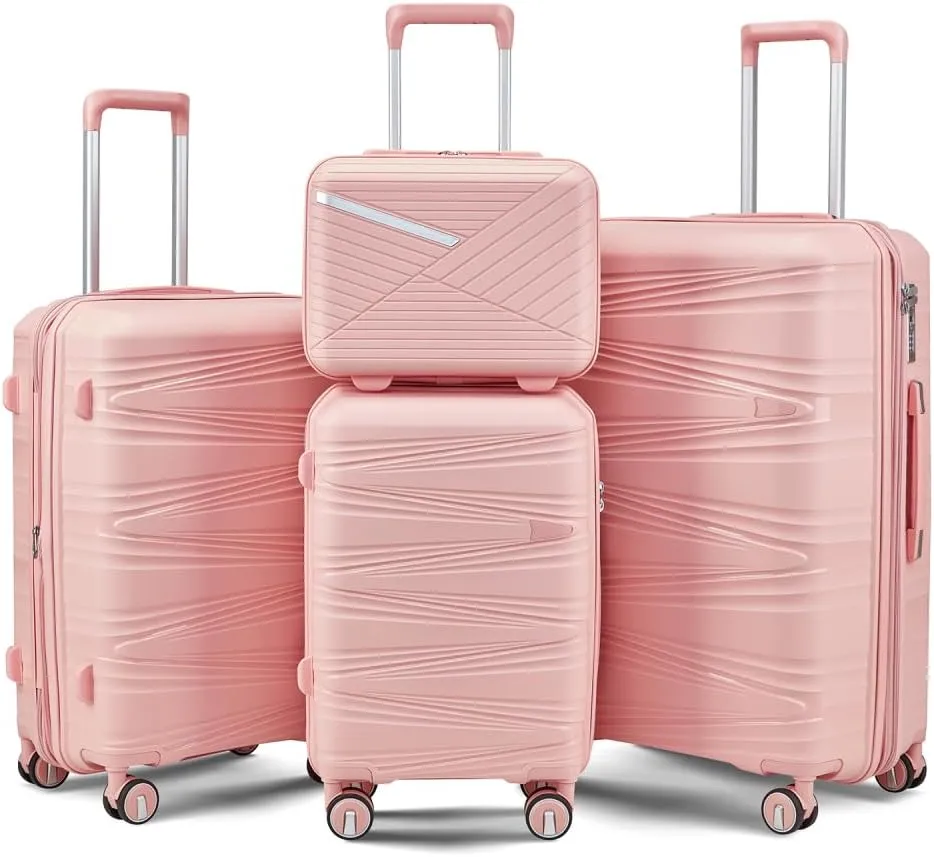 Hard Shell Luggage Set, Expandable Suitcase Set with Spinner Wheels, Lightweight Travel Luggage 4 Piece Set with TSA Lock, 14in 20in 24in 28in (Pink)