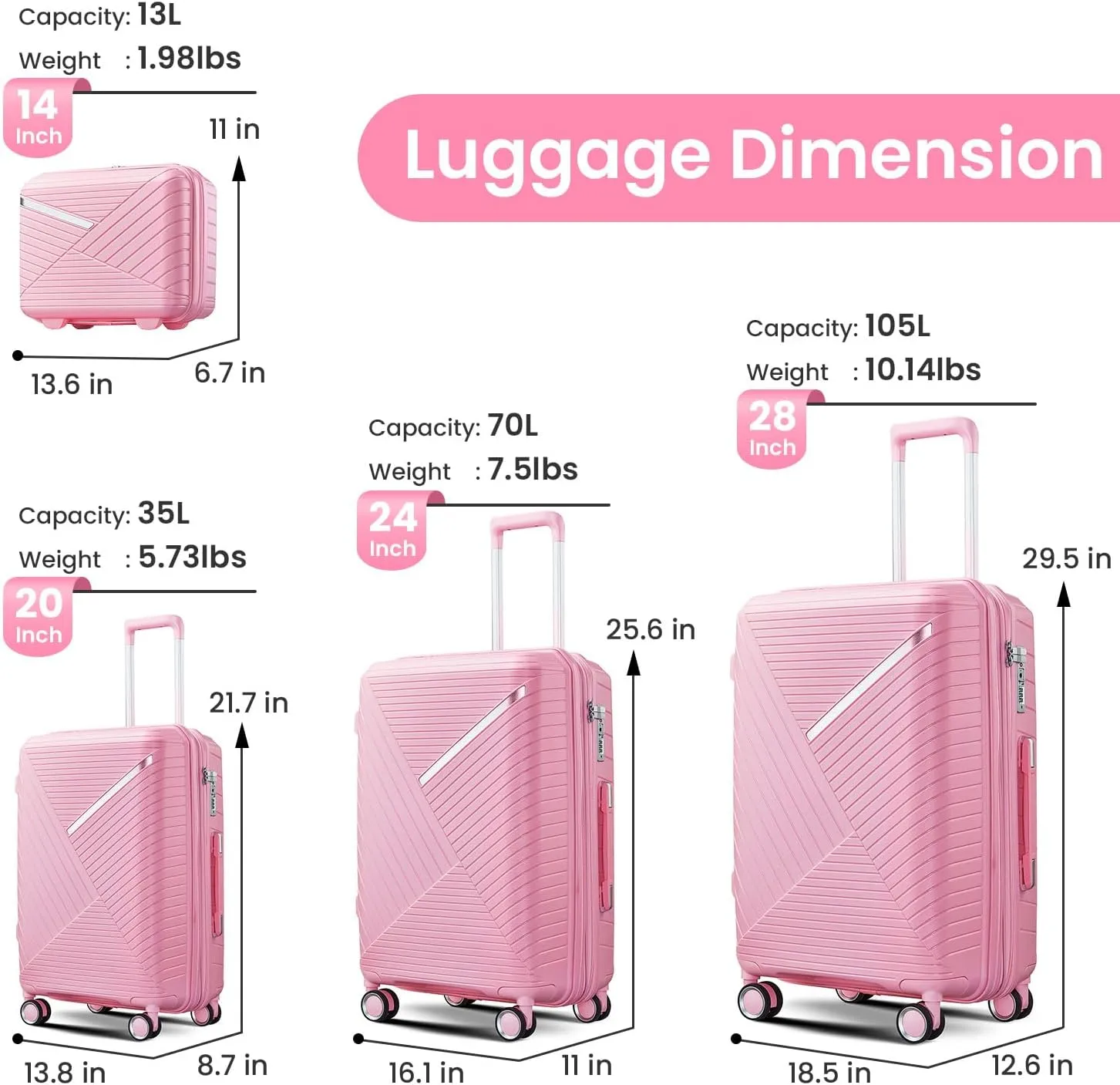 Hard Shell Luggage Set, Expandable Suitcase Set with Spinner Wheels, Lightweight Travel Luggage 4 Piece Set with TSA Lock, 14in 20in 24in 28in (PINK)