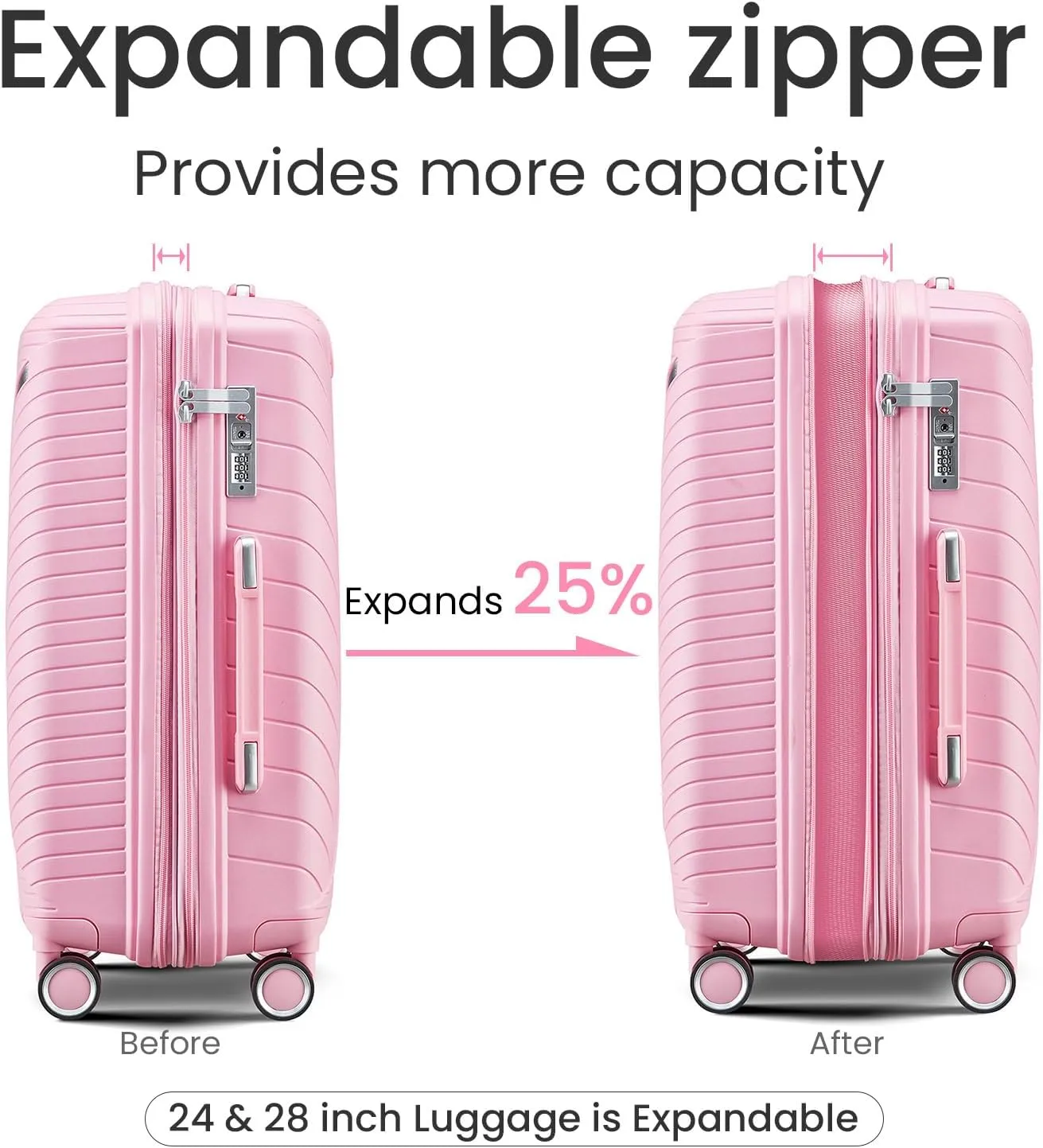 Hard Shell Luggage Set, Expandable Suitcase Set with Spinner Wheels, Lightweight Travel Luggage 4 Piece Set with TSA Lock, 14in 20in 24in 28in (PINK)