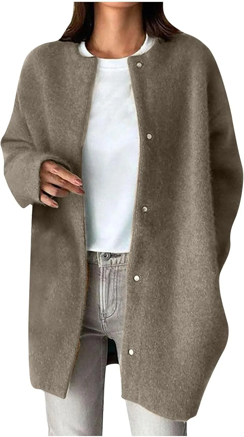 HGps8w Business Casual Wool Blend Pea Coats for Women Elegant Collarless Trench Coat Open Front Winter Overcoat Outerwear