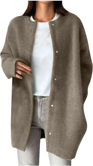 HGps8w Business Casual Wool Blend Pea Coats for Women Elegant Collarless Trench Coat Open Front Winter Overcoat Outerwear