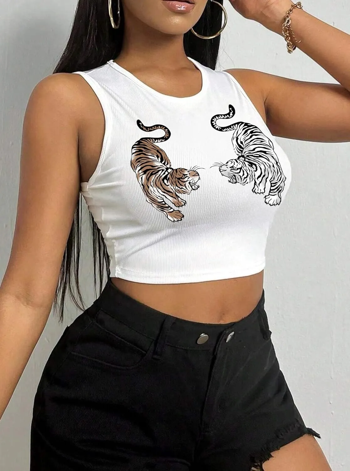Hilinker Women's Summer Tank Tops Sleeveless Letter Graphic Printed Ribbed Knit Basic Crop Cami Tops Shirt