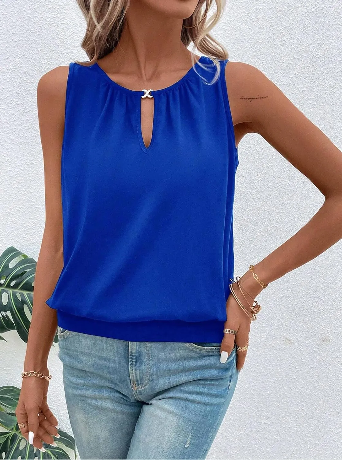 Hilinker Womens V Neck Ombre Tank Top Summer Casual Basic Loose Sleeveless T Shirt