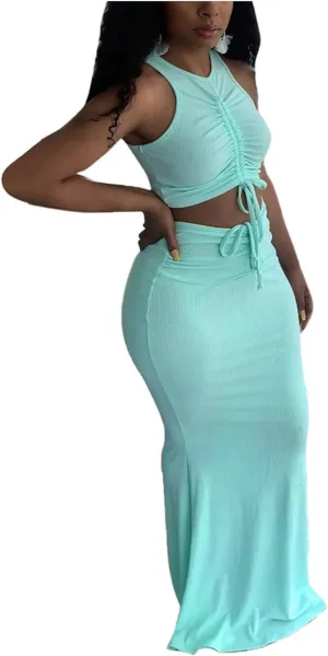 hlysgo Two Piece Outfits for Women Sexy Shirring Sleeveless Round Neck Crop Tops Drawstring Waist Maxi Skirt Lounge Set