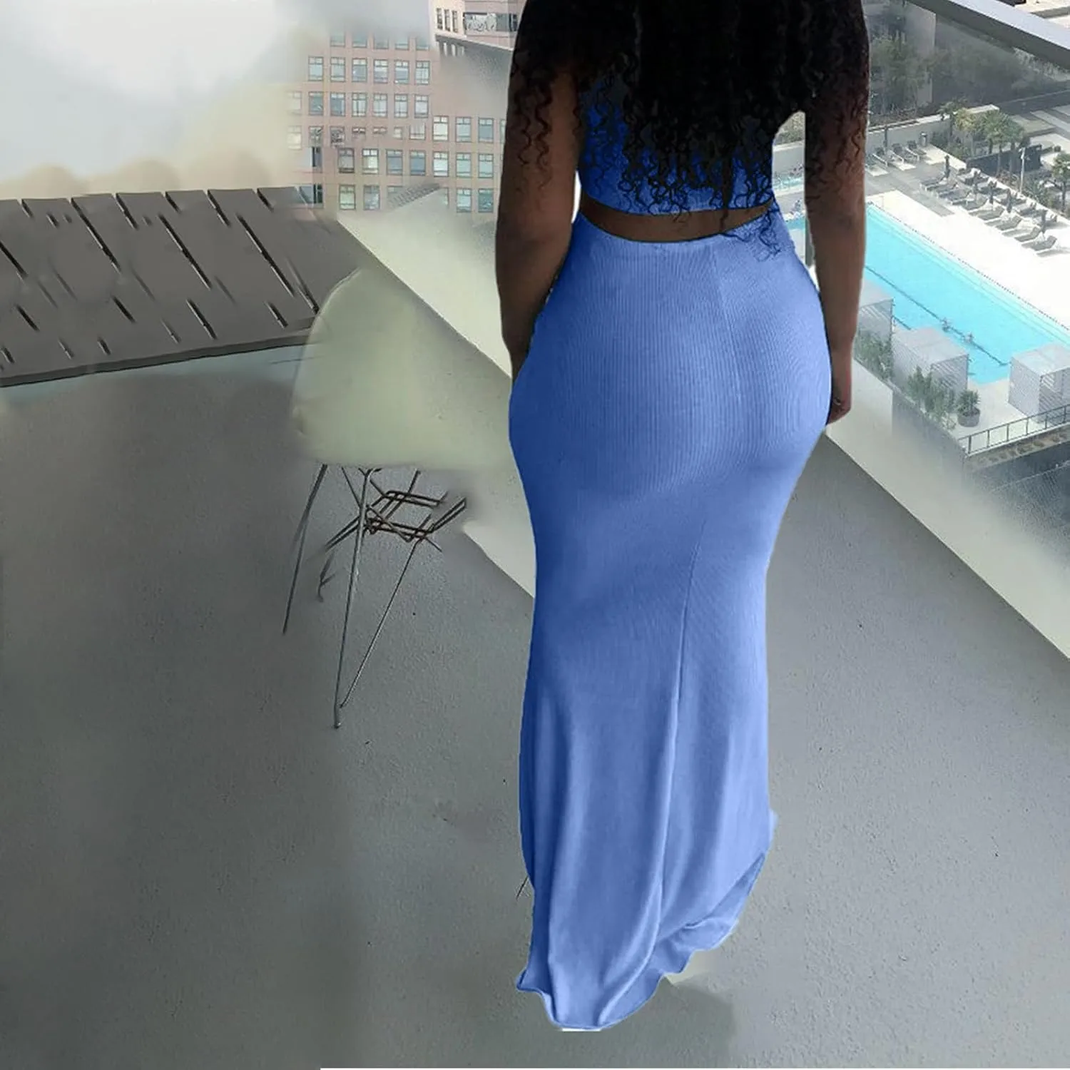 hlysgo Two Piece Outfits for Women Sexy Shirring Sleeveless Round Neck Crop Tops Drawstring Waist Maxi Skirt Lounge Set