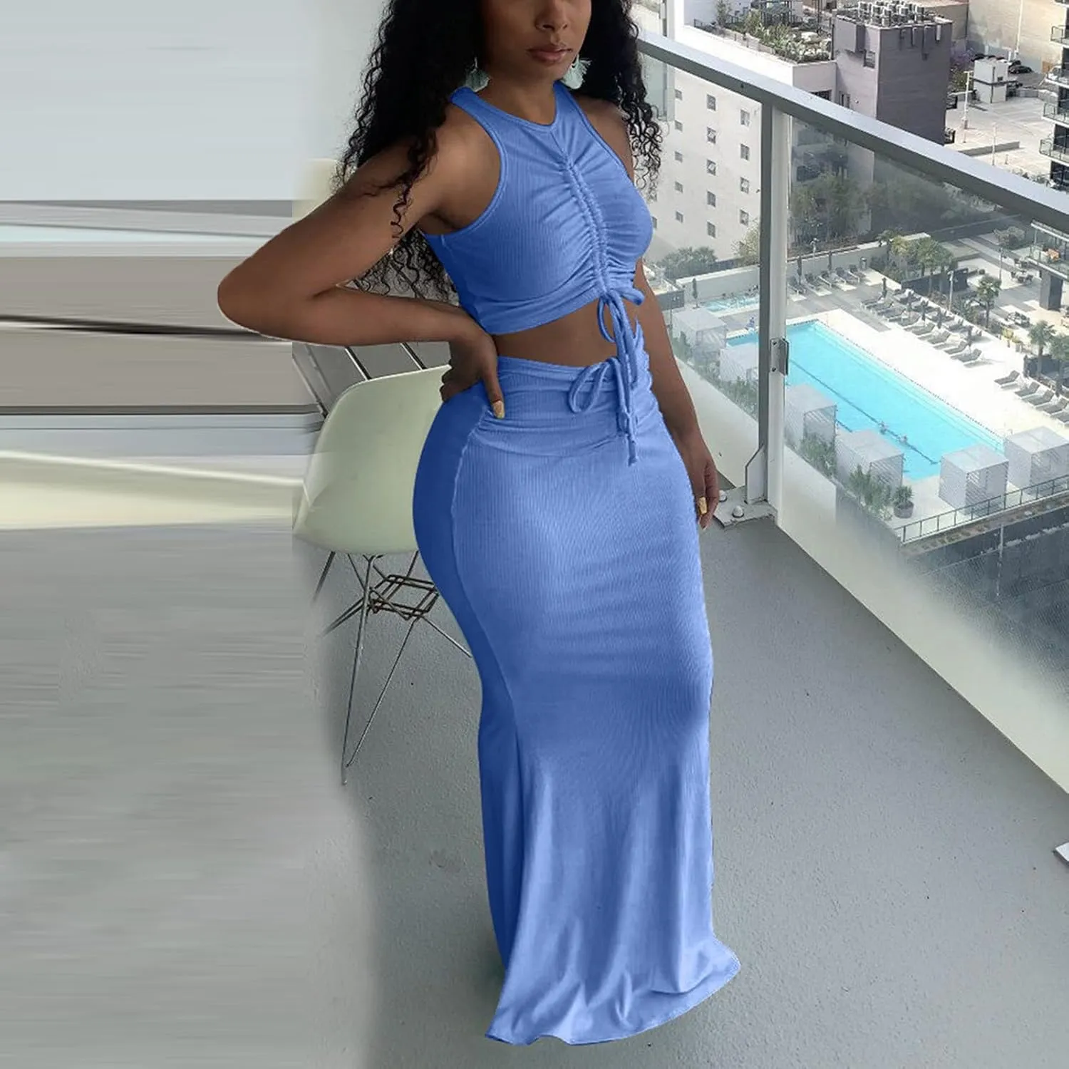 hlysgo Two Piece Outfits for Women Sexy Shirring Sleeveless Round Neck Crop Tops Drawstring Waist Maxi Skirt Lounge Set