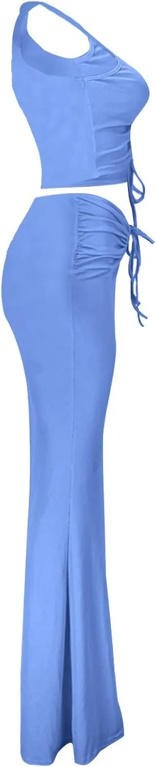 hlysgo Two Piece Outfits for Women Sexy Shirring Sleeveless Round Neck Crop Tops Drawstring Waist Maxi Skirt Lounge Set
