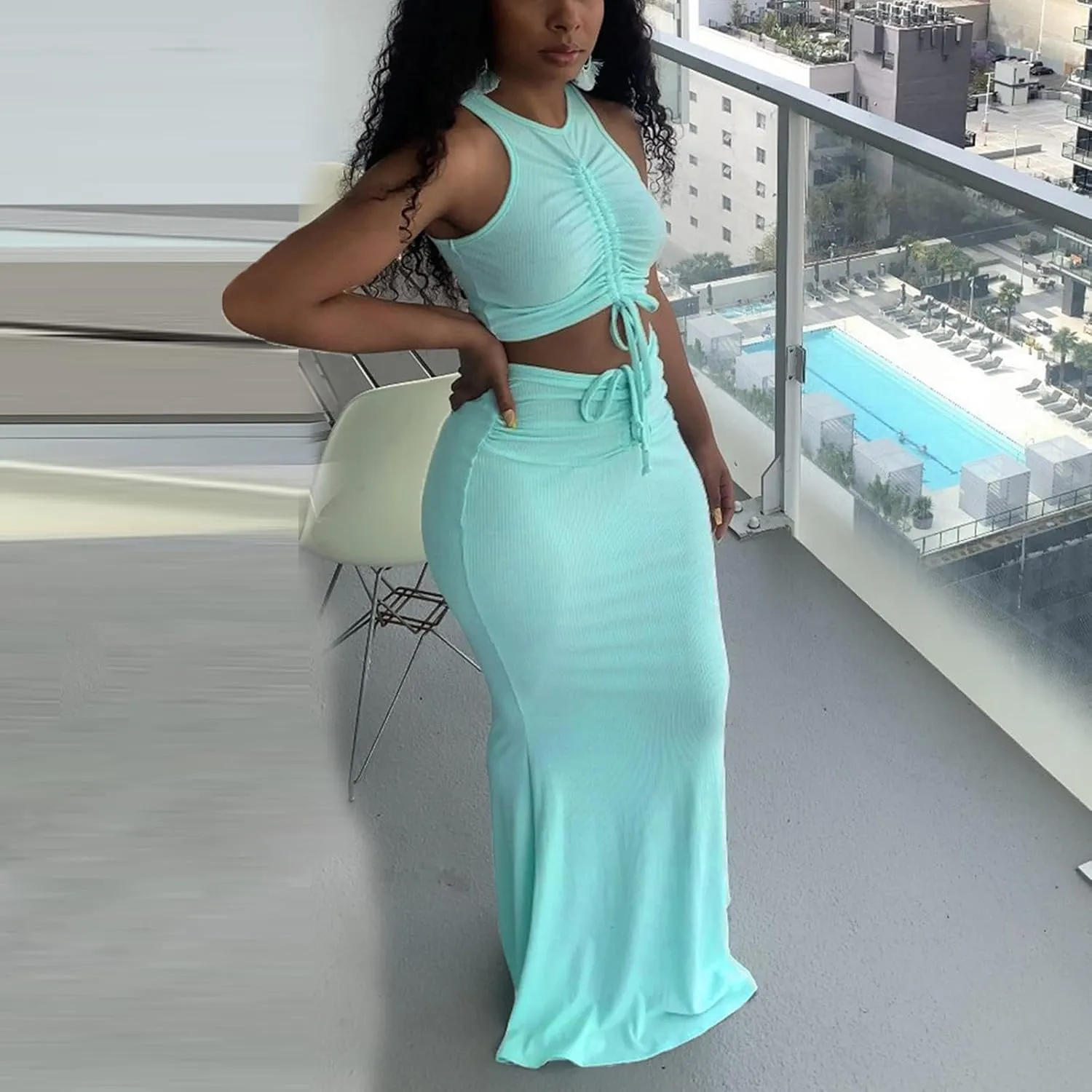 hlysgo Two Piece Outfits for Women Sexy Shirring Sleeveless Round Neck Crop Tops Drawstring Waist Maxi Skirt Lounge Set