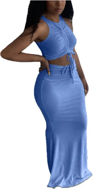 hlysgo Two Piece Outfits for Women Sexy Shirring Sleeveless Round Neck Crop Tops Drawstring Waist Maxi Skirt Lounge Set
