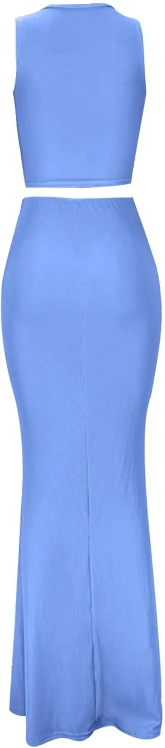 hlysgo Two Piece Outfits for Women Sexy Shirring Sleeveless Round Neck Crop Tops Drawstring Waist Maxi Skirt Lounge Set