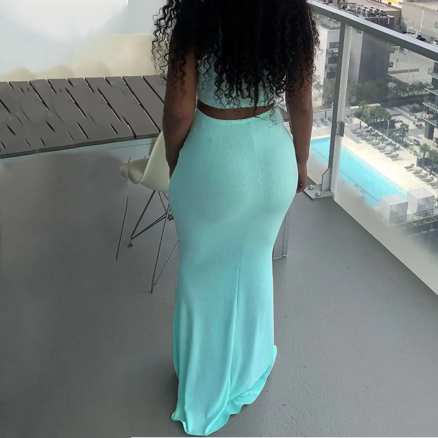 hlysgo Two Piece Outfits for Women Sexy Shirring Sleeveless Round Neck Crop Tops Drawstring Waist Maxi Skirt Lounge Set