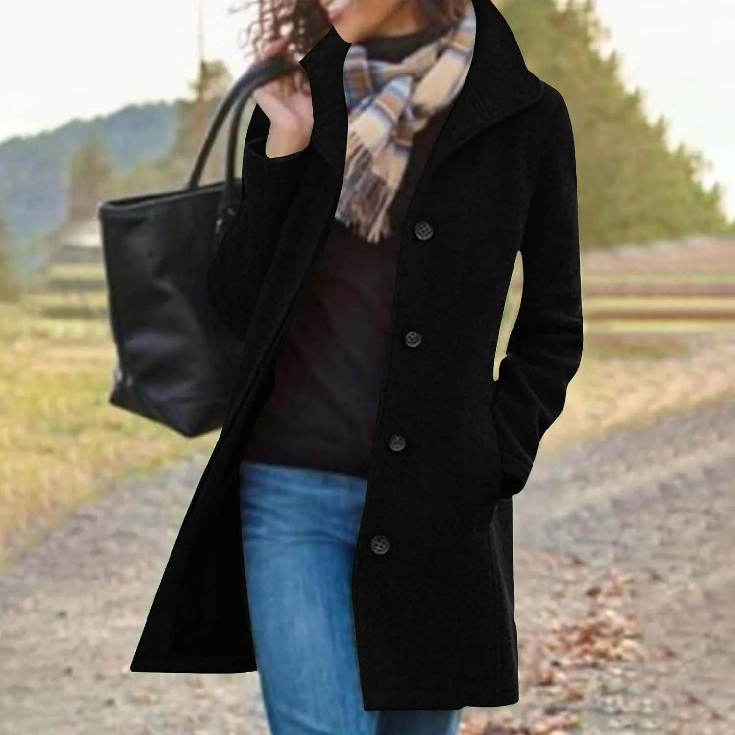 hlysgo Women Winter Wool Blend Pea Coat Mid-Long Trench Coat Single-Breasted Lapel Jacket Outwear with Pockets