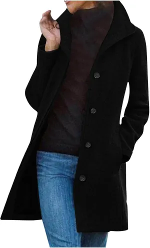 hlysgo Women Winter Wool Blend Pea Coat Mid-Long Trench Coat Single-Breasted Lapel Jacket Outwear with Pockets