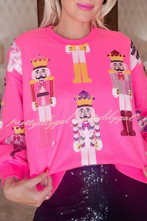Holiday Traditions Colorful Nutcracker Printed Loose Sweatshirt
