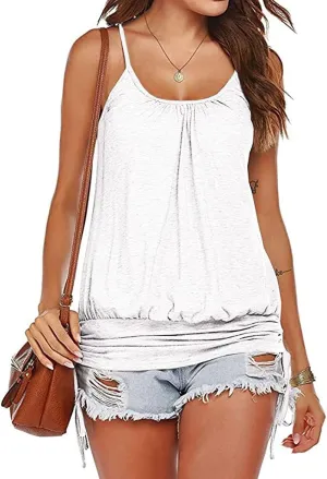 Hongqizo Women Summer Tank Tops Casual Spaghetti Strap Banded Bottom Loose Camisole Side Shirring Lace Up Shirts