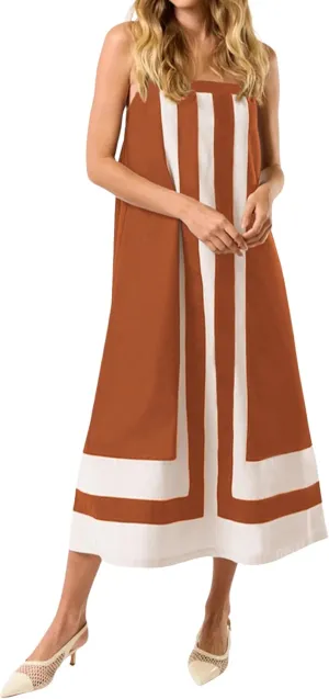 Hooever Women Color Block Maxi Dress Boho Striped Shoulder Strap Sundress Square Neck Summer Beach Dresses