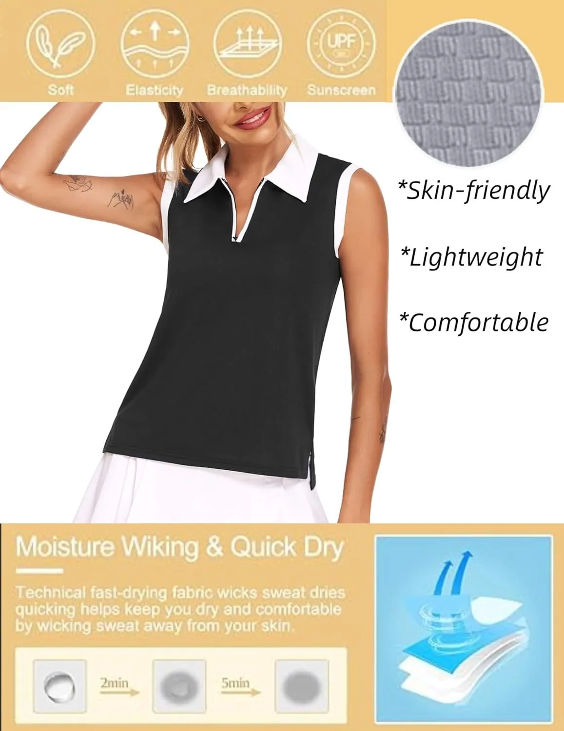 HOTLOOX Women Sleeveless Golf Polo Shirts Summer 2025 UPF 50  Zipper V Neck Tennis Tank Top S-XXL