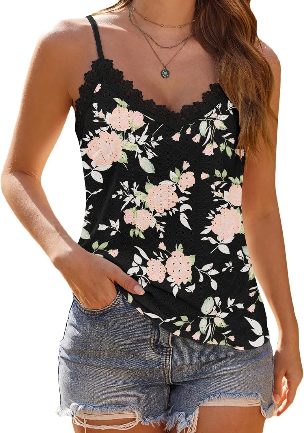 HOTOUCH Camisole for Women V Neck Spaghetti Strap Tank Tops Sleeveless Blouses Loose Fit