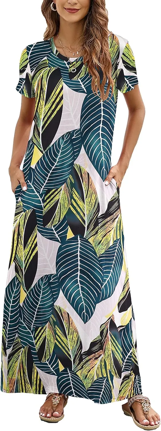 Hount Women's Summer Short Sleeve Maxi Dresses Casual 2025 Loose Beach Sundresses Tshirt Dresses with Pockets
