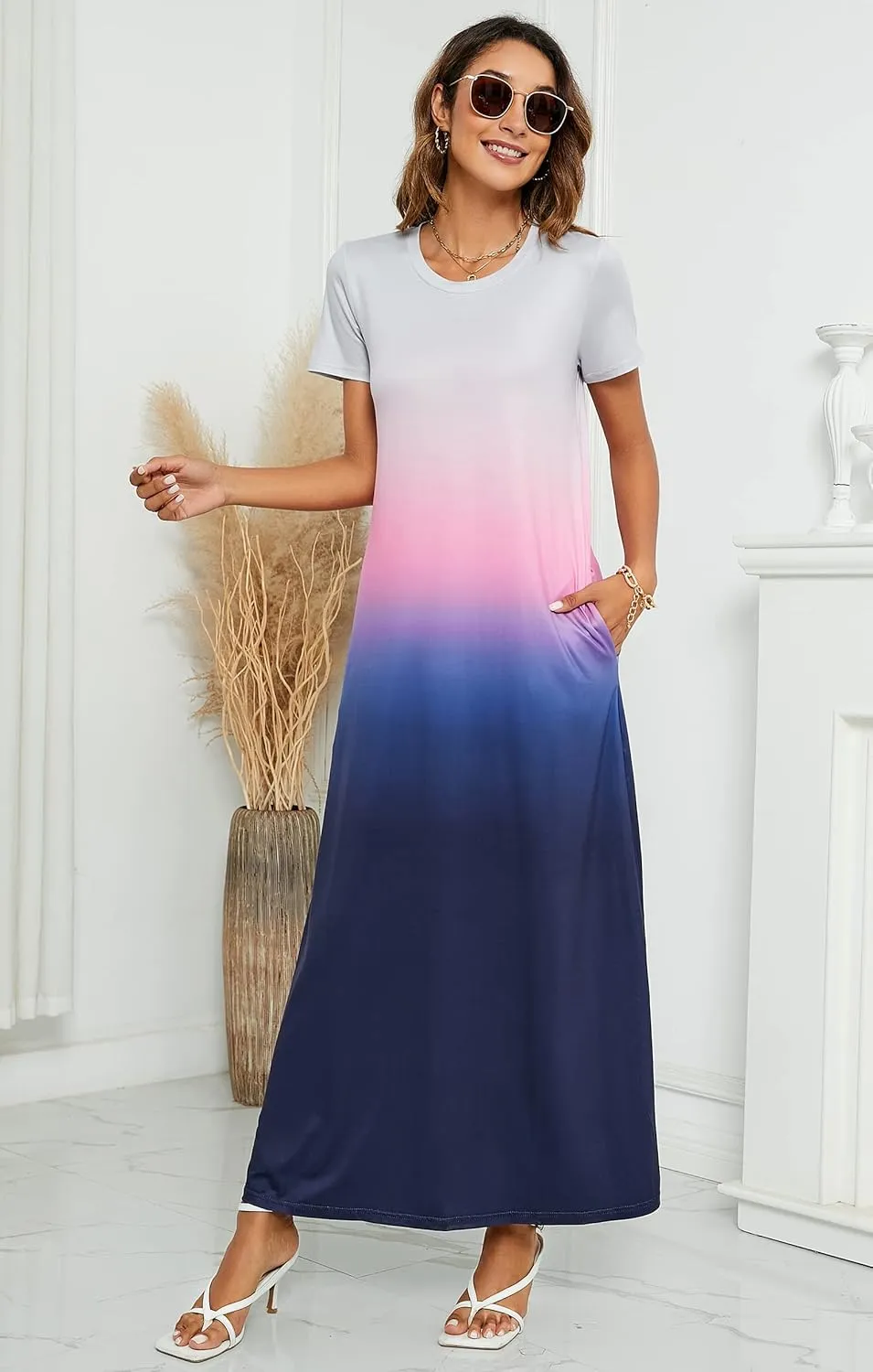 Hount Women's Summer Short Sleeve Maxi Dresses Casual 2025 Loose Beach Sundresses Tshirt Dresses with Pockets