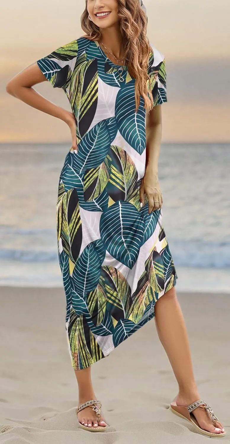 Hount Women's Summer Short Sleeve Maxi Dresses Casual 2025 Loose Beach Sundresses Tshirt Dresses with Pockets