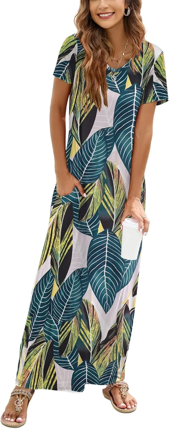 Hount Women's Summer Short Sleeve Maxi Dresses Casual 2025 Loose Beach Sundresses Tshirt Dresses with Pockets