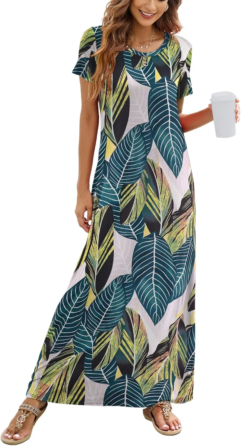 Hount Women's Summer Short Sleeve Maxi Dresses Casual 2025 Loose Beach Sundresses Tshirt Dresses with Pockets