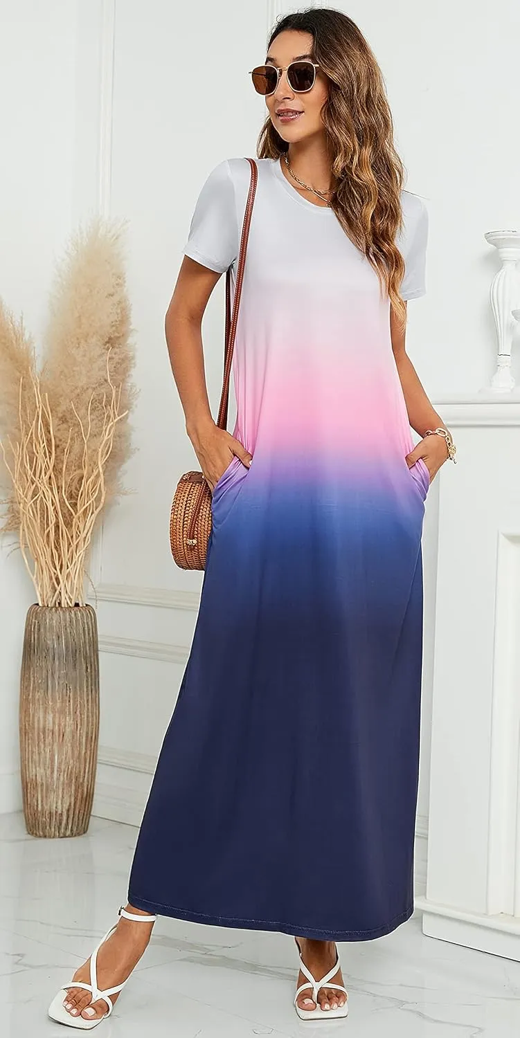 Hount Women's Summer Short Sleeve Maxi Dresses Casual 2025 Loose Beach Sundresses Tshirt Dresses with Pockets