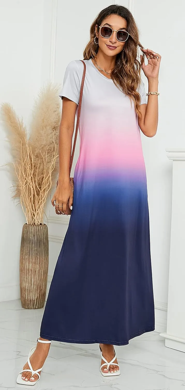 Hount Women's Summer Short Sleeve Maxi Dresses Casual 2025 Loose Beach Sundresses Tshirt Dresses with Pockets