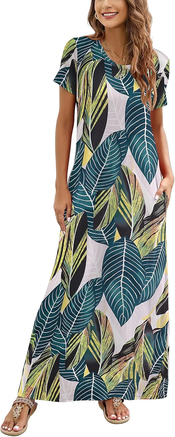 Hount Women's Summer Short Sleeve Maxi Dresses Casual 2025 Loose Beach Sundresses Tshirt Dresses with Pockets