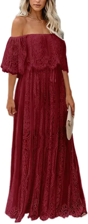 HOYISHION Women's Off The Shoulder Floral Lace Maxi Dress White Bridesmaid Wedding Party Maternity Photoshoot Long Dresses