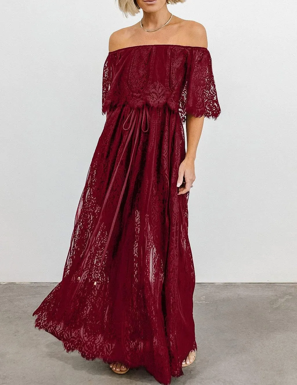 HOYISHION Women's Off The Shoulder Floral Lace Maxi Dress White Bridesmaid Wedding Party Maternity Photoshoot Long Dresses