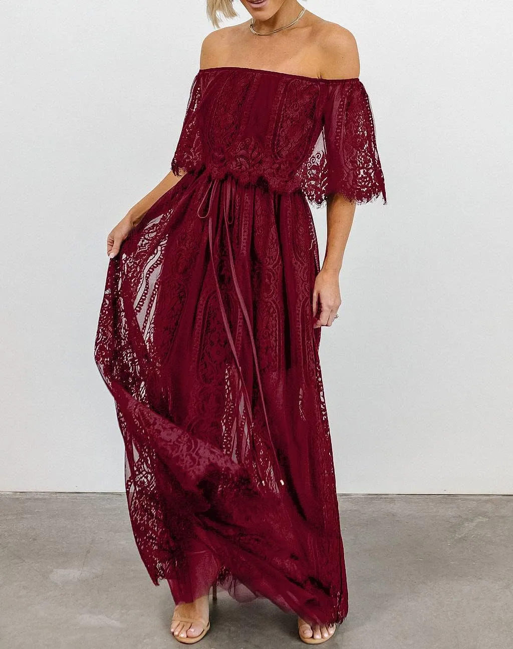 HOYISHION Women's Off The Shoulder Floral Lace Maxi Dress White Bridesmaid Wedding Party Maternity Photoshoot Long Dresses
