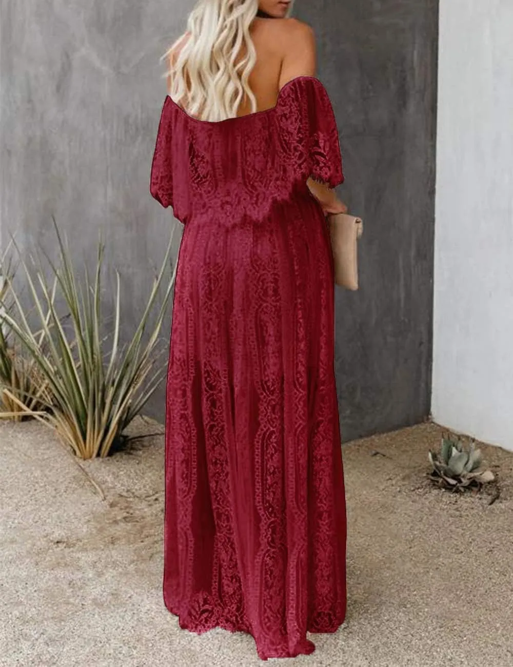 HOYISHION Women's Off The Shoulder Floral Lace Maxi Dress White Bridesmaid Wedding Party Maternity Photoshoot Long Dresses