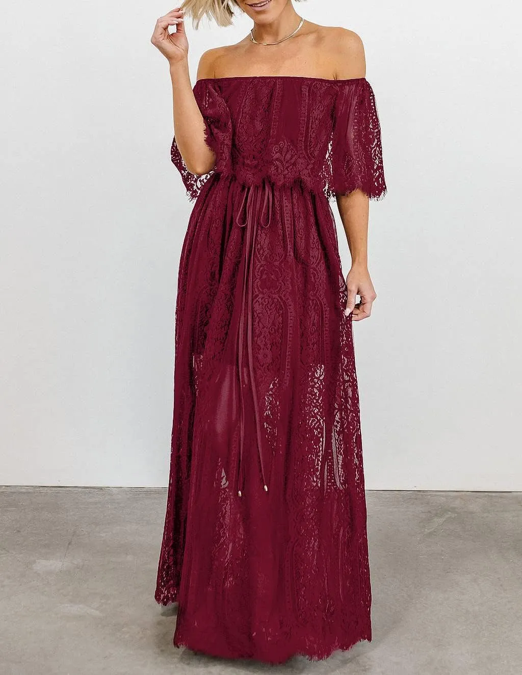 HOYISHION Women's Off The Shoulder Floral Lace Maxi Dress White Bridesmaid Wedding Party Maternity Photoshoot Long Dresses