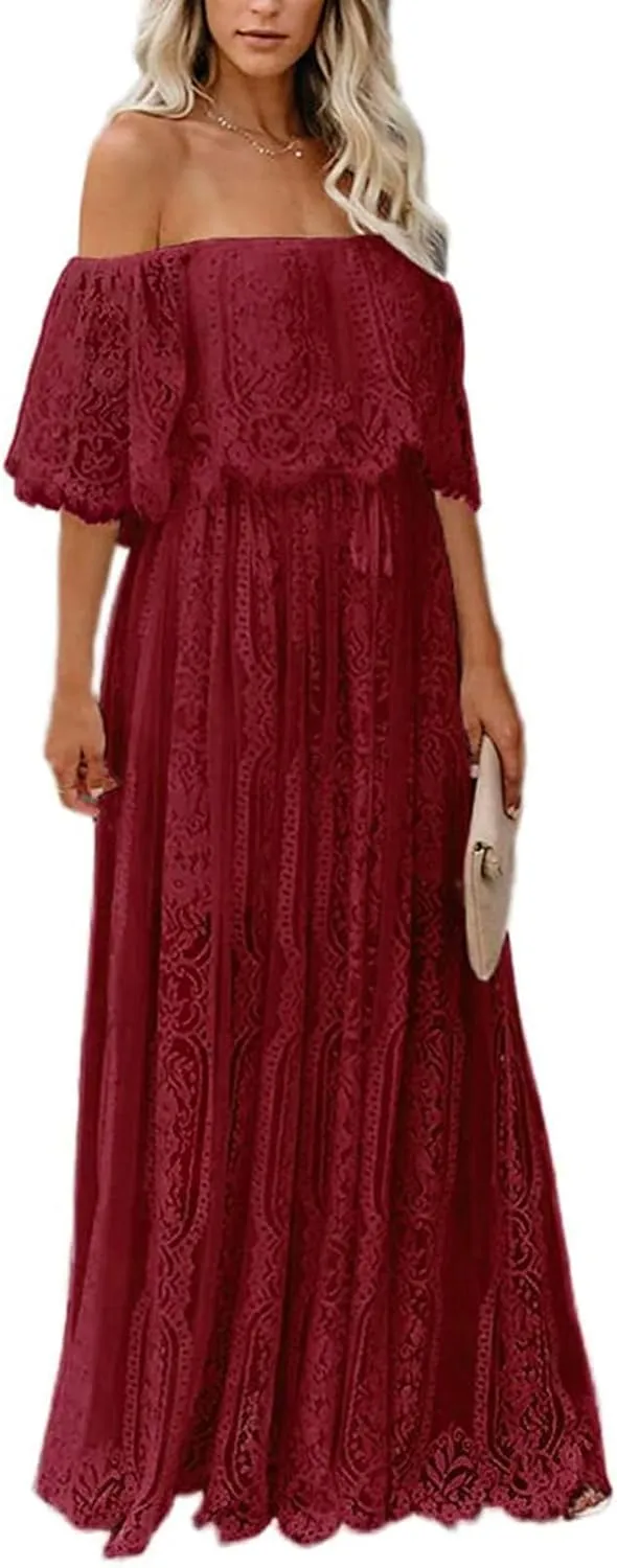 HOYISHION Women's Off The Shoulder Floral Lace Maxi Dress White Bridesmaid Wedding Party Maternity Photoshoot Long Dresses
