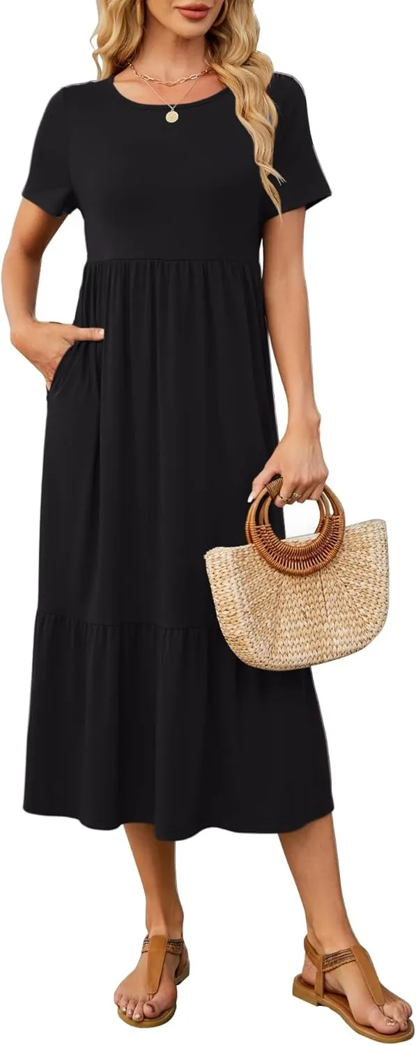 HUSKARY Women's Casual Dresses 2025 Summer Short Sleeve Crewneck Flowy Tiered Beach Causal Maxi Dress with Pockets