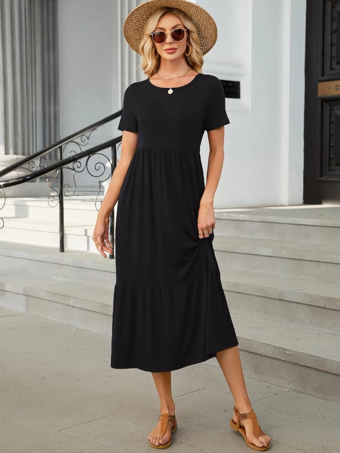 HUSKARY Women's Casual Dresses 2025 Summer Short Sleeve Crewneck Flowy Tiered Beach Causal Maxi Dress with Pockets