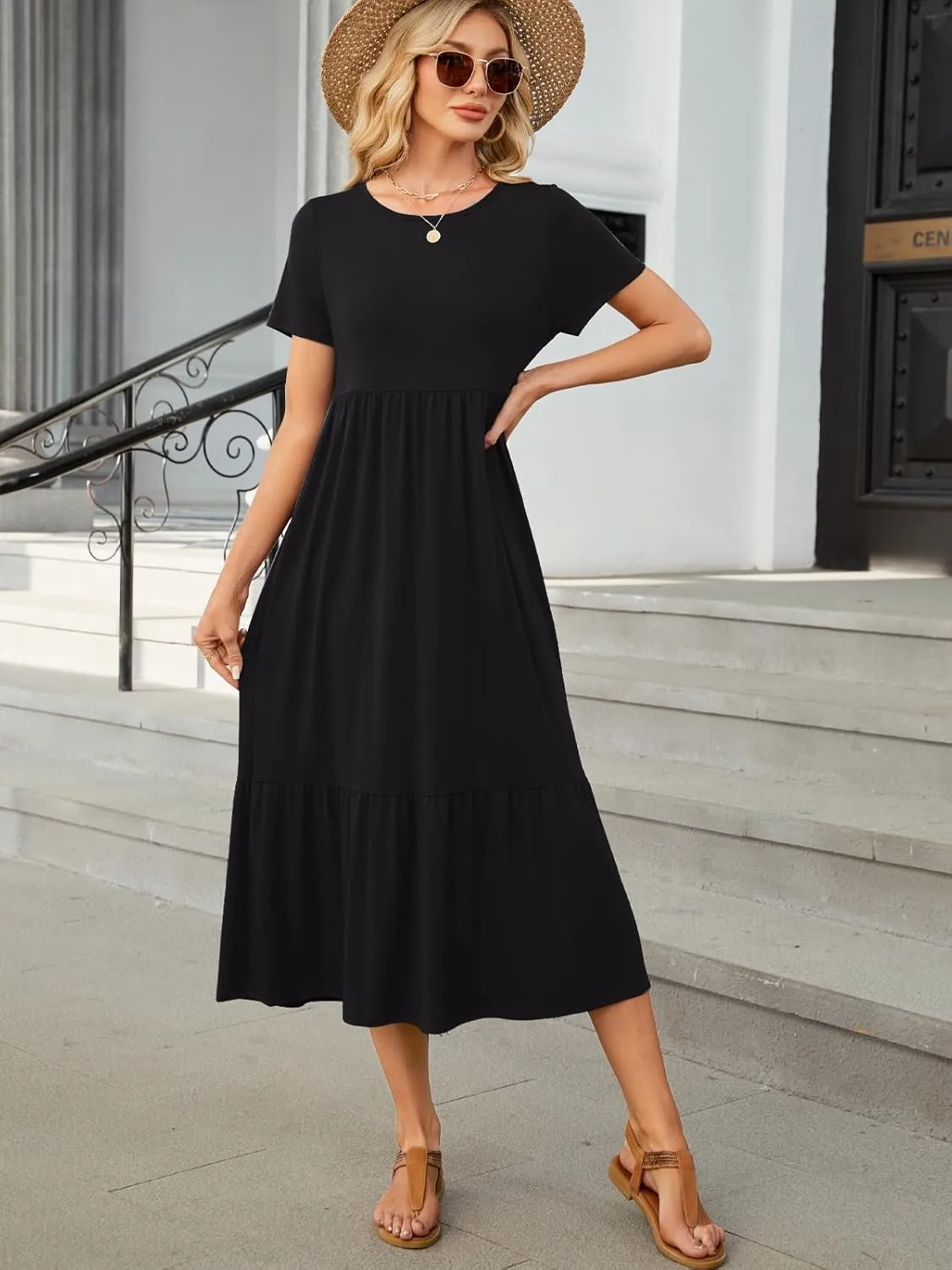 HUSKARY Women's Casual Dresses 2025 Summer Short Sleeve Crewneck Flowy Tiered Beach Causal Maxi Dress with Pockets