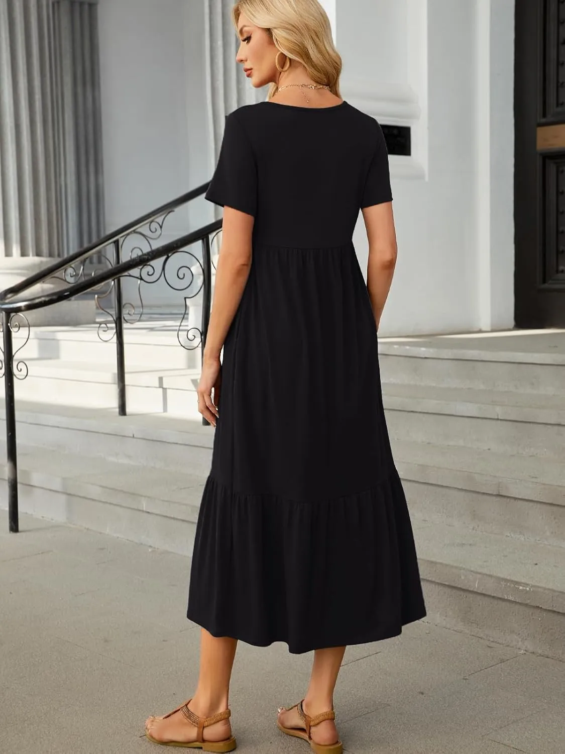 HUSKARY Women's Casual Dresses 2025 Summer Short Sleeve Crewneck Flowy Tiered Beach Causal Maxi Dress with Pockets