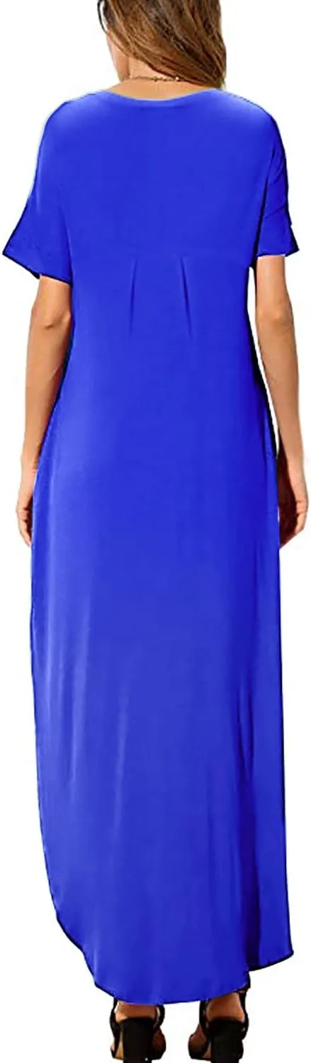 HUSKARY Women's Summer Maxi Dress Casual Loose Pockets Long Dress Short Sleeve Split Maxi Dresses