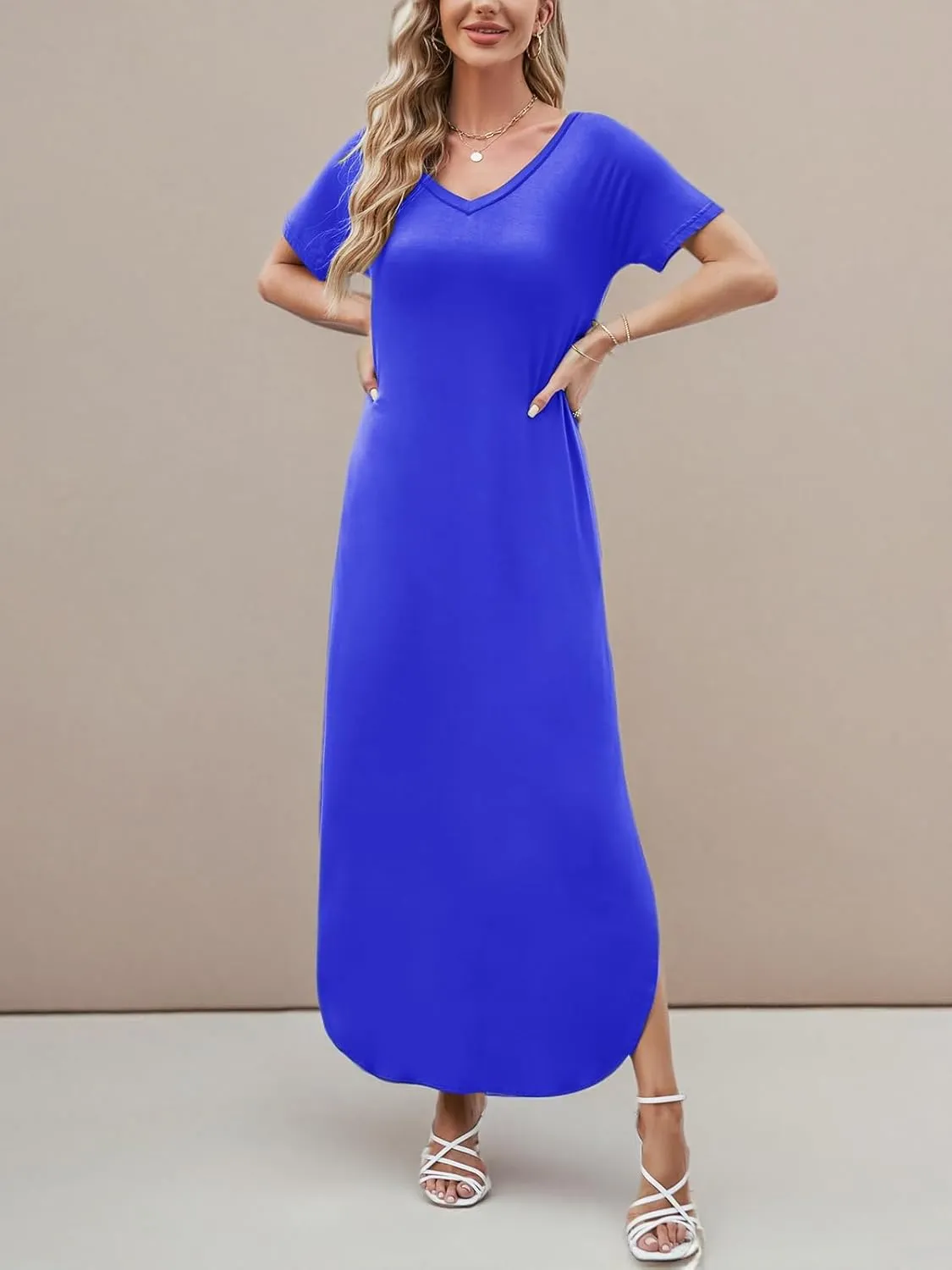 HUSKARY Women's Summer Maxi Dress Casual Loose Pockets Long Dress Short Sleeve Split Maxi Dresses