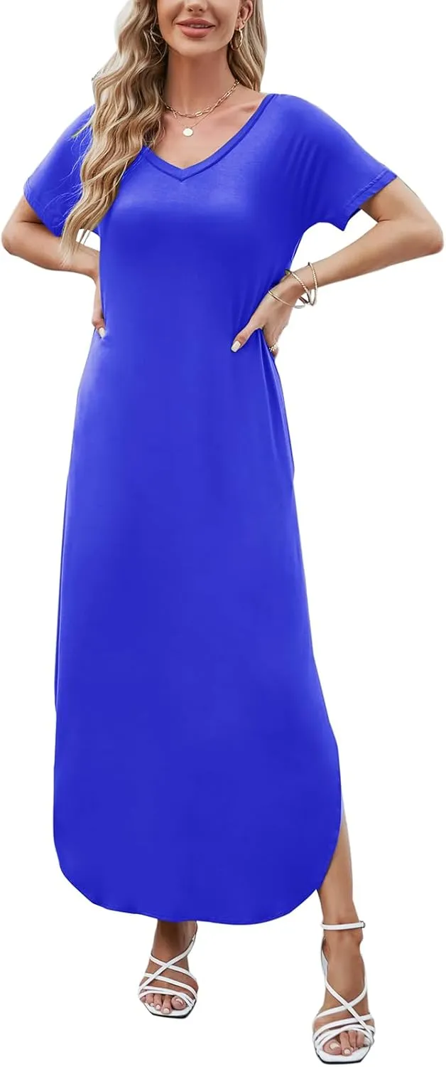 HUSKARY Women's Summer Maxi Dress Casual Loose Pockets Long Dress Short Sleeve Split Maxi Dresses